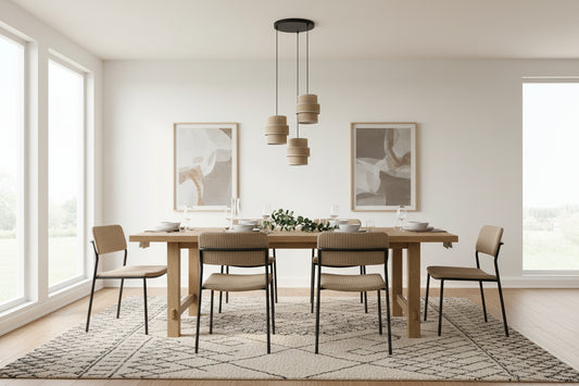 Modern pendant light with three cylindrical shades on a white background