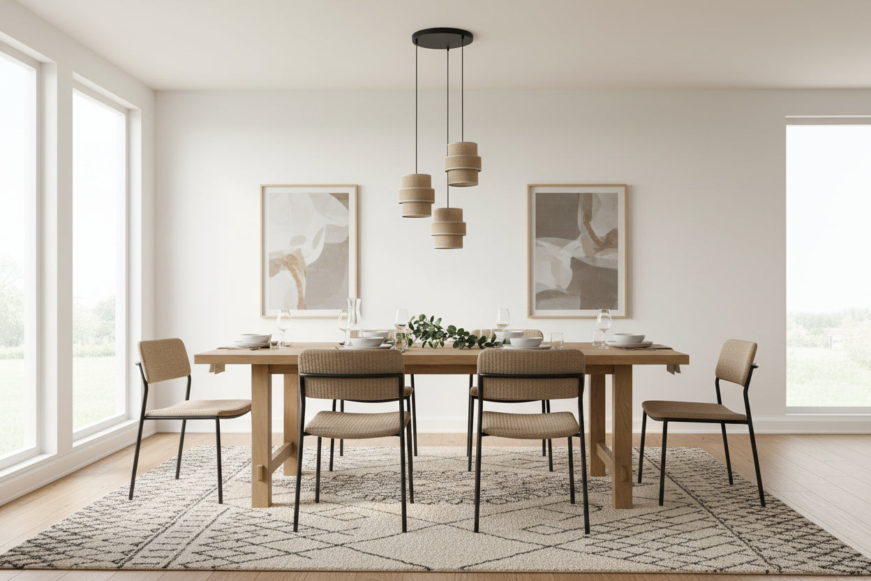 Dining room with wooden table and chairs in a bright room with large windows.